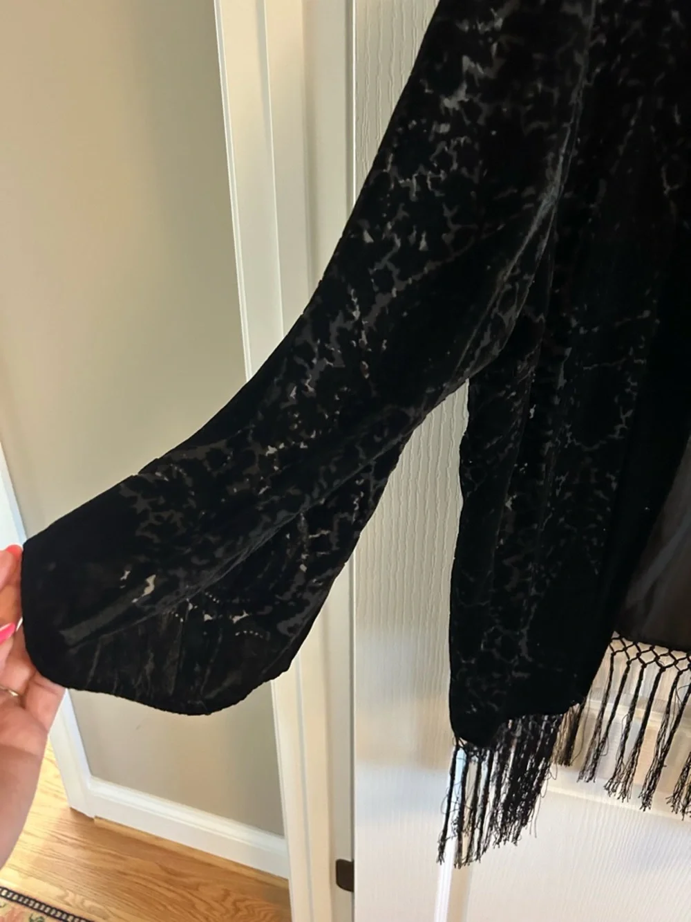 Chico's Black Velvet Fringe Open-Front Cardigan - Picture 4 of 5